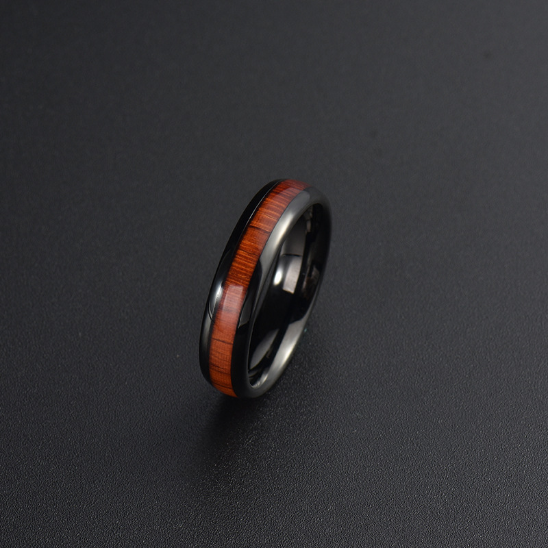 Poya Wholesale Mens Wedding Band 6mm Polished Dome Wood Inlay Black Tungsten Ring