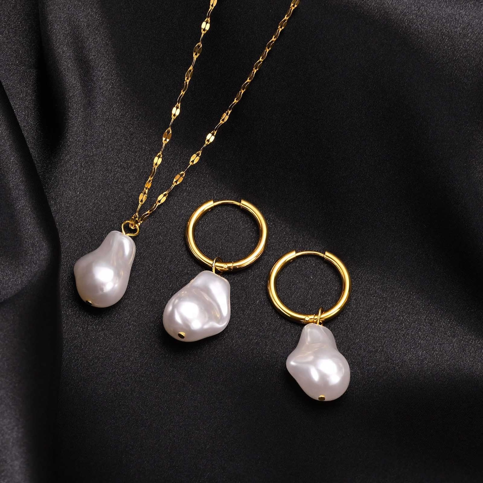 POYA Stainless Steel Large Baroque Pearl Pendant Big Earrings Natural Freshwater Pearl Wedding Jewelry Set