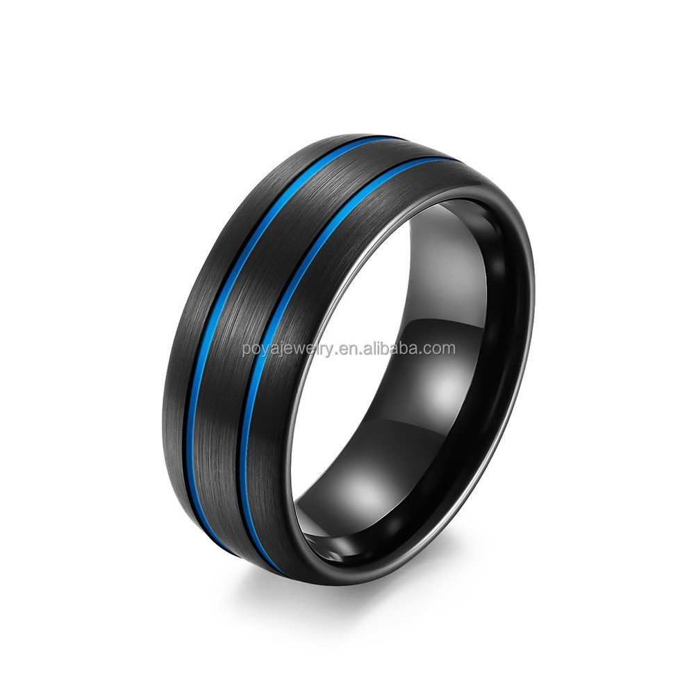 POYA Black Matte Tungsten Blue Rose Gold Line Design 8mm Men's Two Tones Wedding Band for Men