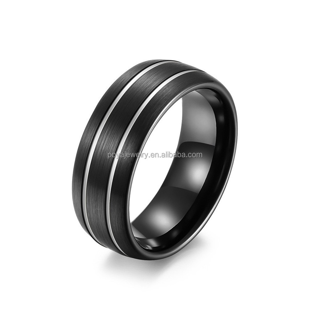 POYA Black Matte Tungsten Blue Rose Gold Line Design 8mm Men's Two Tones Wedding Band for Men