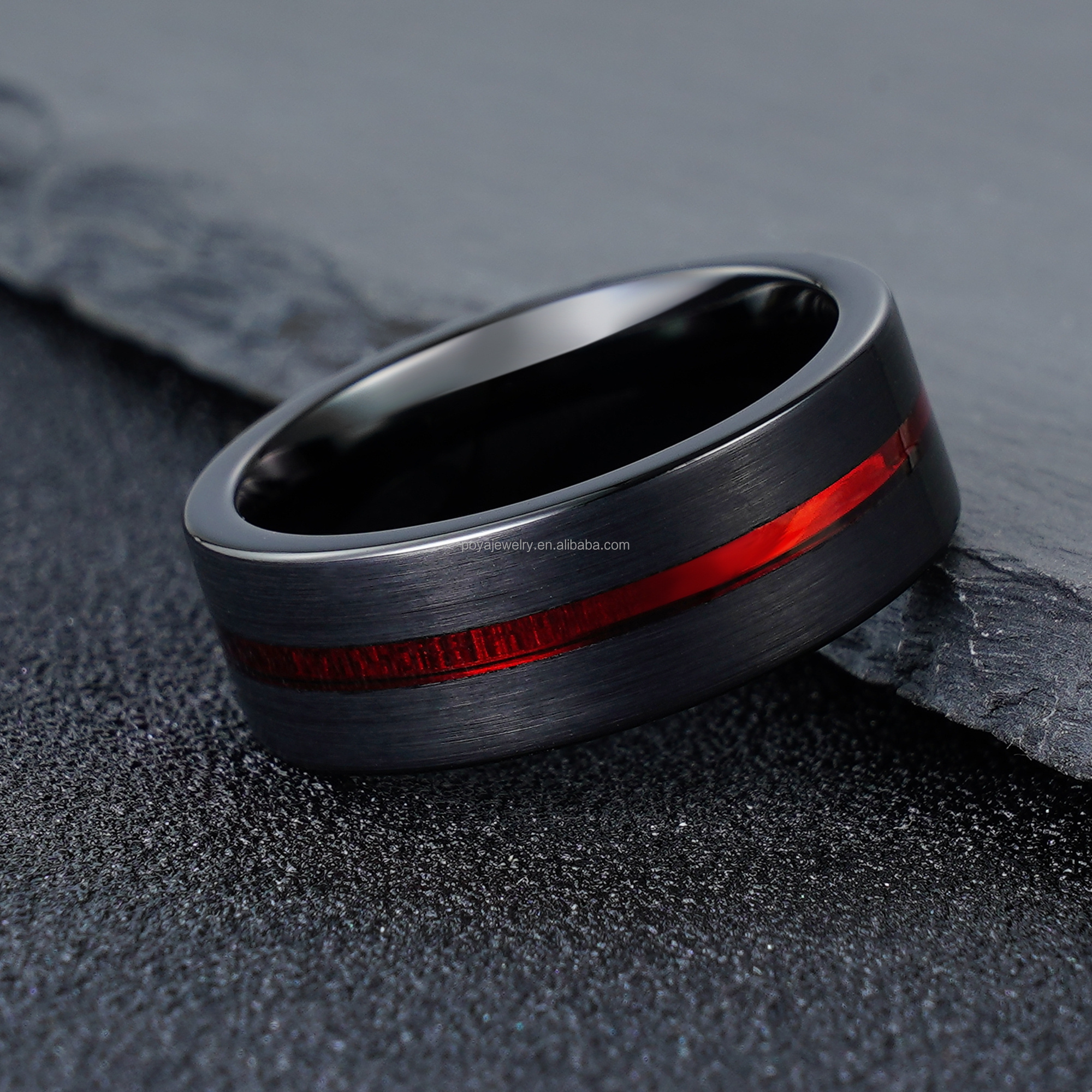 POYA 8mm Red Strip Flat Top Black Tungsten Ring Wedding Band for Men Engagement Ring