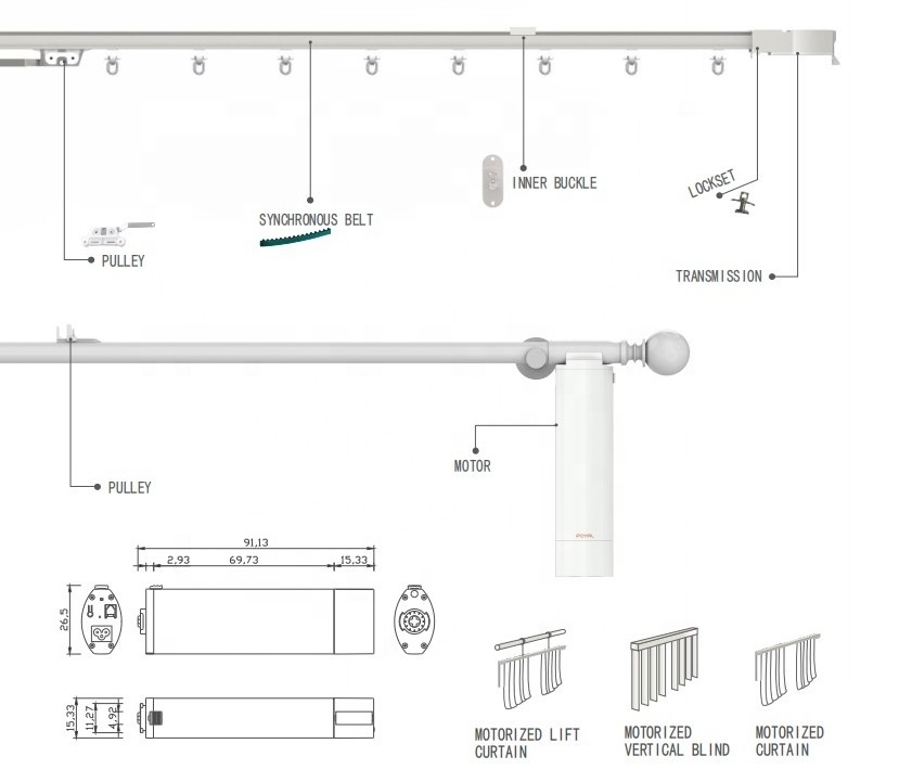 POYAL Manufacturer Motorized Drapery Tracks and Rods Remote Controller Tuya Google Smart Control Curtain Motors Aluminum Metal