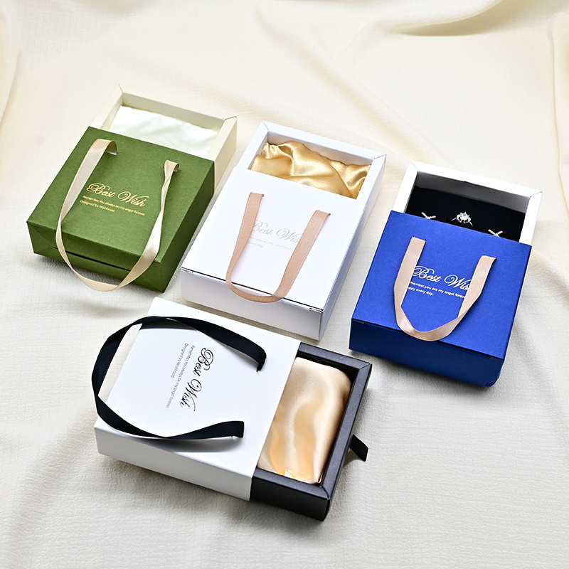 Custom Logo Luxury Printed White Green Blue Drawer Sliding Satin Paper Jewelry packaging gift Box With Handle