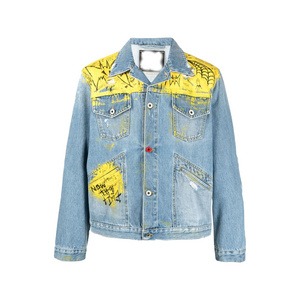 Custom Button Up Washed Vintage Graffiti-print Streetwear Distressed Denim Jacket For Men