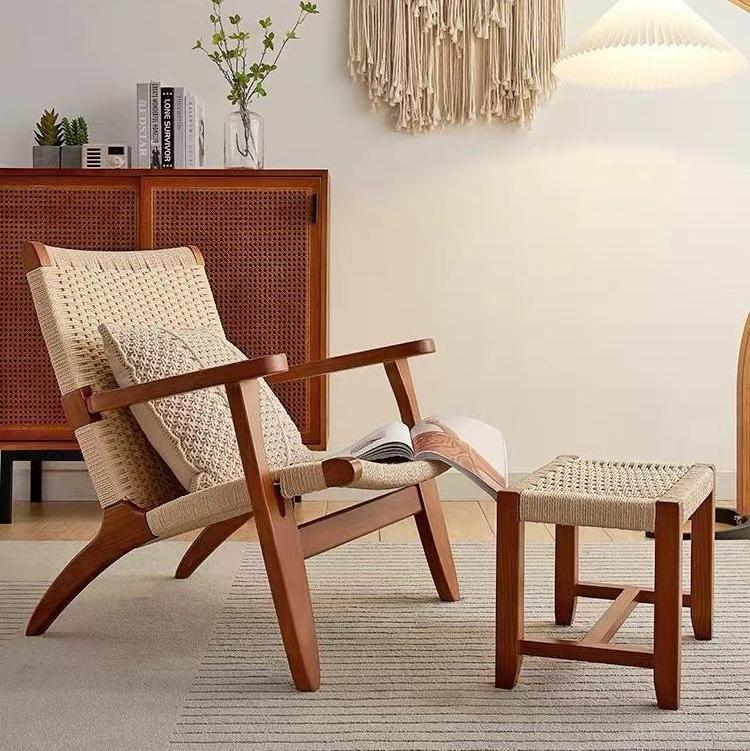 Modern Leisure oak wood rope wicker living room furniture lounge chair with arm