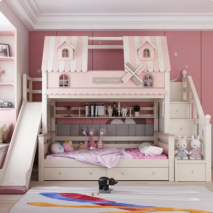 Luxury Modern Bedroom Furniture Children Bed Wood Storage Bunk Bed for Kids Solid Carton Box Bedroom Sets Small Bed for Girls