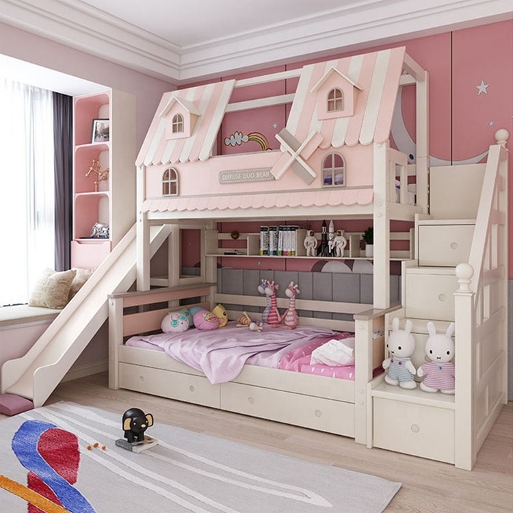 Luxury Modern Bedroom Furniture Children Bed Wood Storage Bunk Bed for Kids Solid Carton Box Bedroom Sets Small Bed for Girls