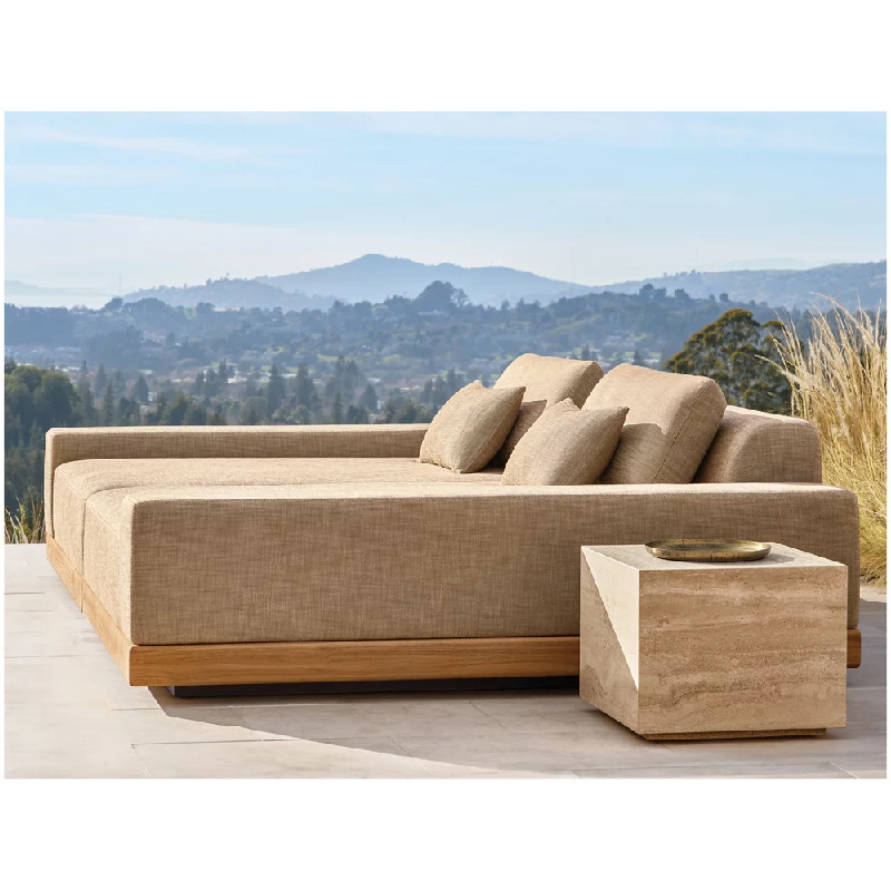 Luxury teak wood outdoor furniture set patio sun bed chaise high-quality fabric outdoor lounger