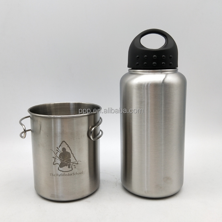 wholesale single wall stainless steel 1000ml sports water bottle with wide mouth and 700ml multifunctional cup/economic set