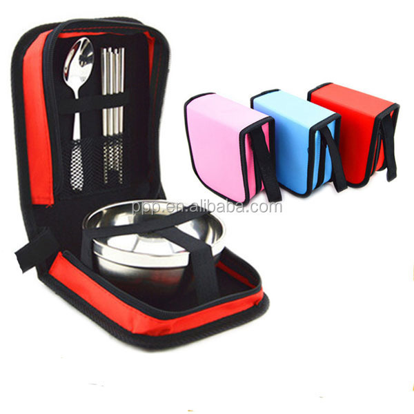 Outdoor Camping Portable Stainless Steel Cloth Bag Tableware Set 1 Spoon and 2 pairs Chopsticks With One Rice Bowl