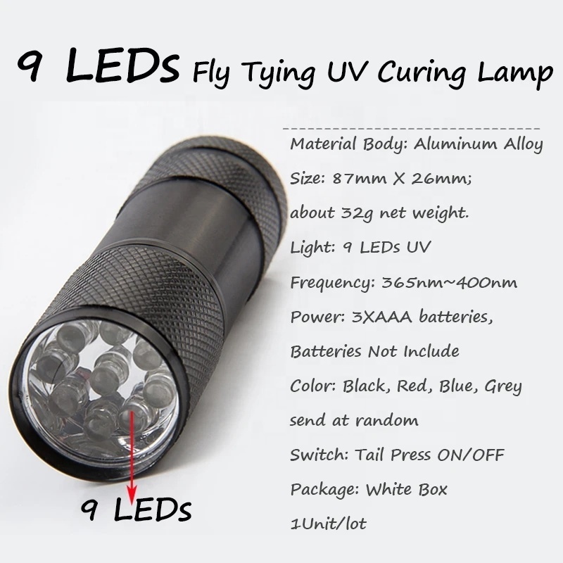 9 LEDs UV Flashlight Universal UV Glue Cure Light Torch Fishing Nymph Buzzer Head Fly Curing Tools