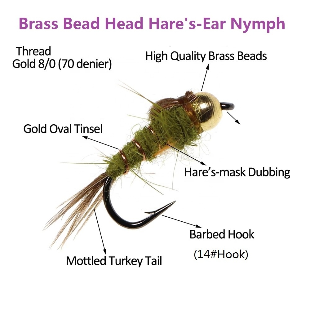 Brass Bead Head Hares Ear Nymph Trout Fly Tying Hook Fishing Flies Fly Fishing Lure Baits