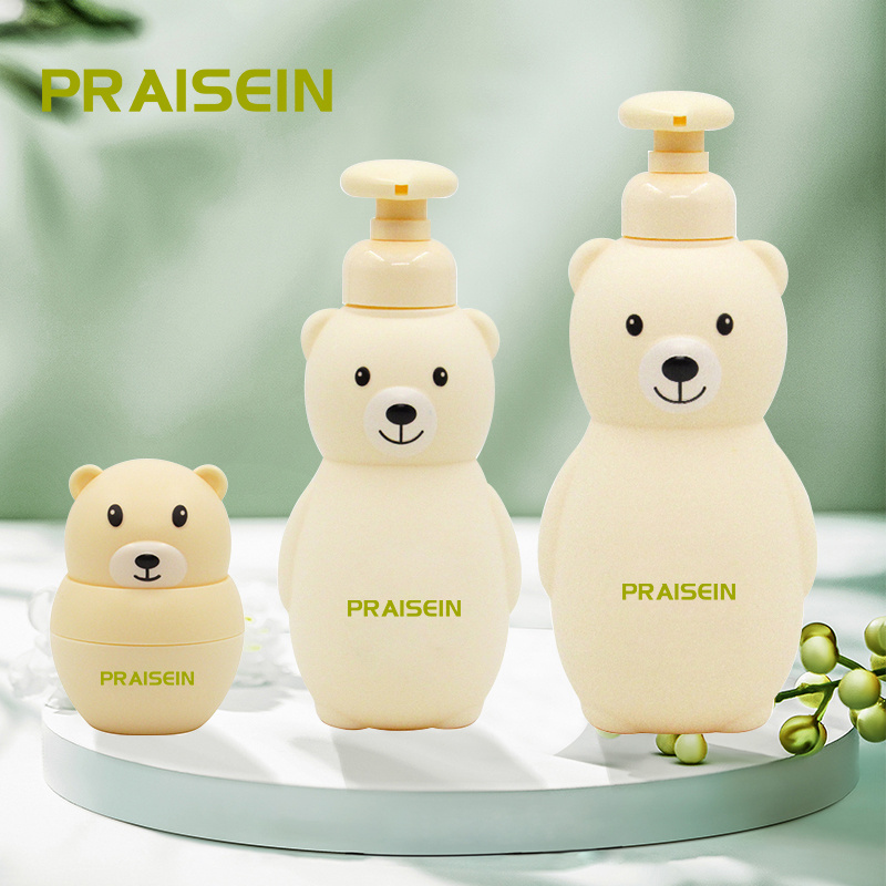 Accept custom 300ml 500ml cartoon Bear shaped PE plastic children's hair shampoo/body wash bottle with lotion pump,50g cream jar