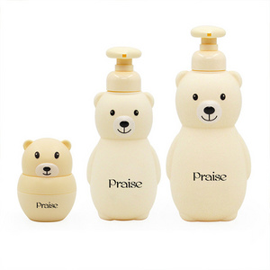 Accept custom 300ml 500ml cartoon Bear shaped PE plastic children's hair shampoo/body wash bottle with lotion pump,50g cream jar