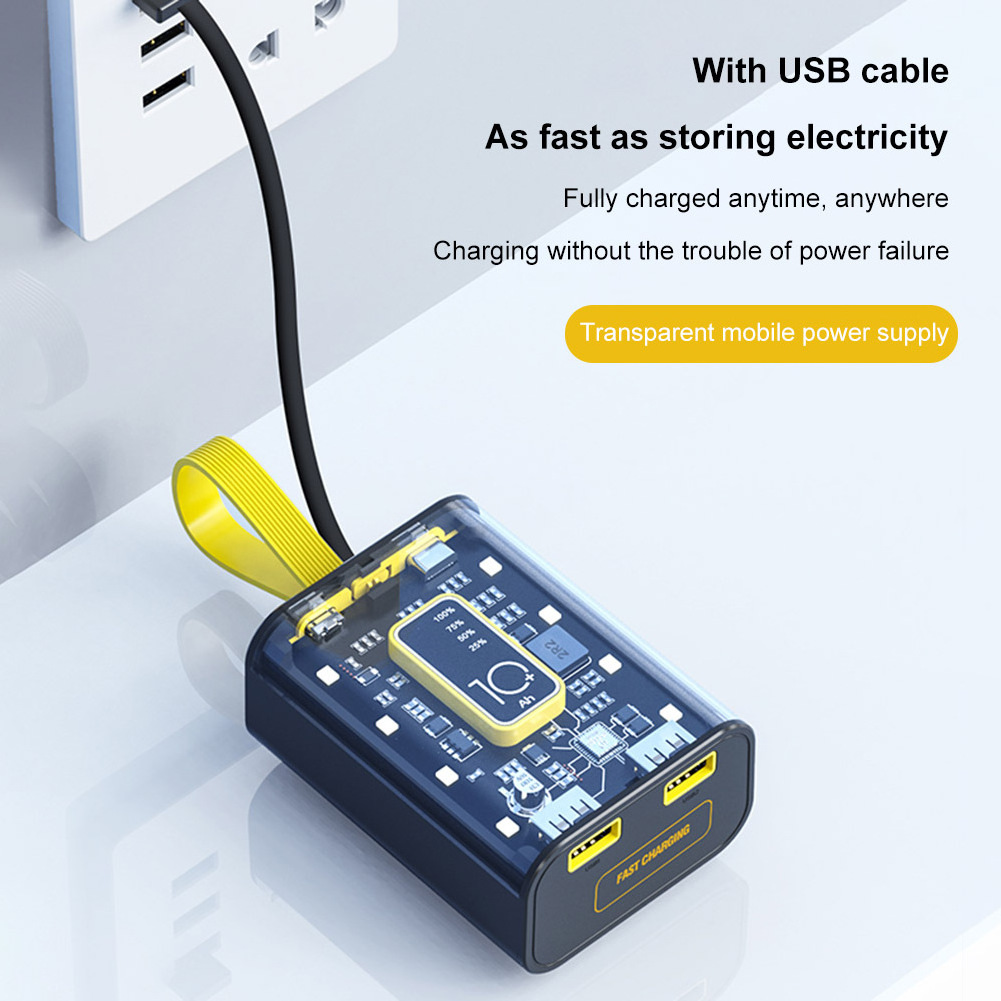 Transparent power bank 10000mah fast charging powerbanks 20000mah with built-in cable type C output power banks