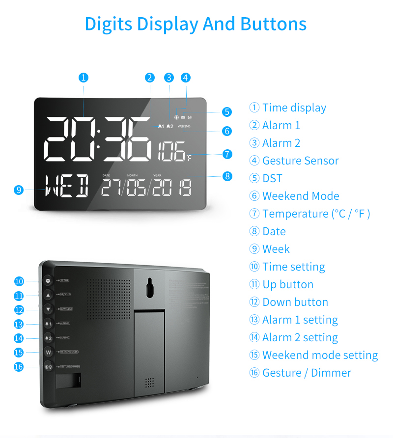 LED 11 inch large letter display time week calendar and temperature with adjustable brightness digital living room clock