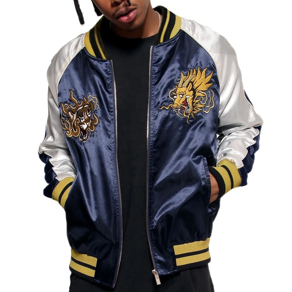 Wholesale Custom Nylon Satin Embroidered Jackets / 100% Polyester Satin Bomber Jacket / Varsity Logo Embroidery Jacket