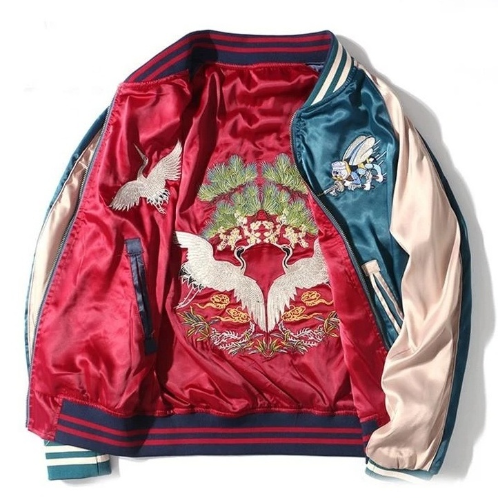 Wholesale Custom Nylon Satin Embroidered Jackets / 100% Polyester Satin Bomber Jacket / Varsity Logo Embroidery Jacket