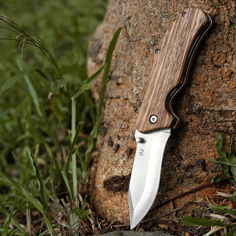 Custom D2 Blade Satin Zebra Wood Handle Folding Tactical Pocket Knife with Belt Clip for Camping Hunting