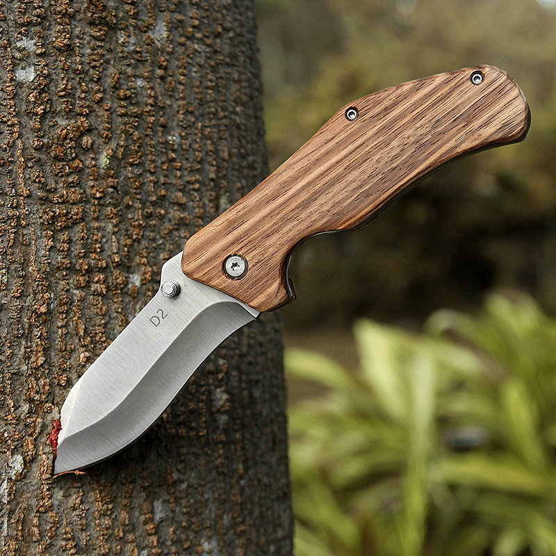 Custom D2 Blade Satin Zebra Wood Handle Folding Tactical Pocket Knife with Belt Clip for Camping Hunting