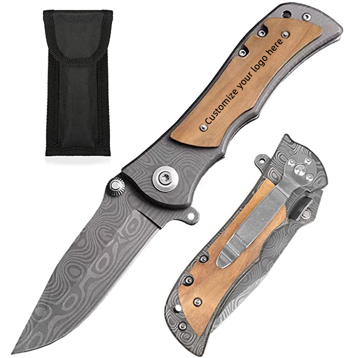 Wholesale Damascus Titanium Coating Blade with Engraved Wood Handle Folding Pocket Knives for Outdoor Camping Hunting Men' Gift