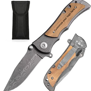 Wholesale Damascus Titanium Coating Blade with Engraved Wood Handle Folding Pocket Knives for Outdoor Camping Hunting Men' Gift