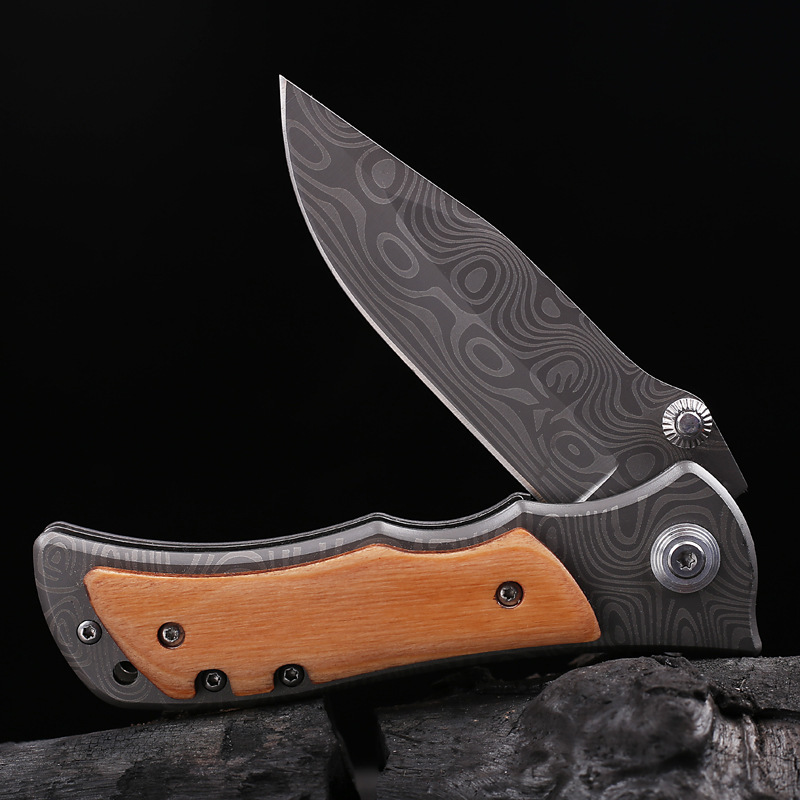 Wholesale Damascus Titanium Coating Blade with Engraved Wood Handle Folding Pocket Knives for Outdoor Camping Hunting Men' Gift