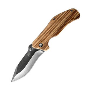 Custom D2 Blade Satin Zebra Wood Handle Folding Tactical Pocket Knife with Belt Clip for Camping Hunting