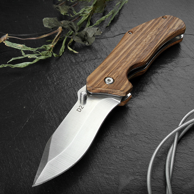 Custom D2 Blade Satin Zebra Wood Handle Folding Tactical Pocket Knife with Belt Clip for Camping Hunting