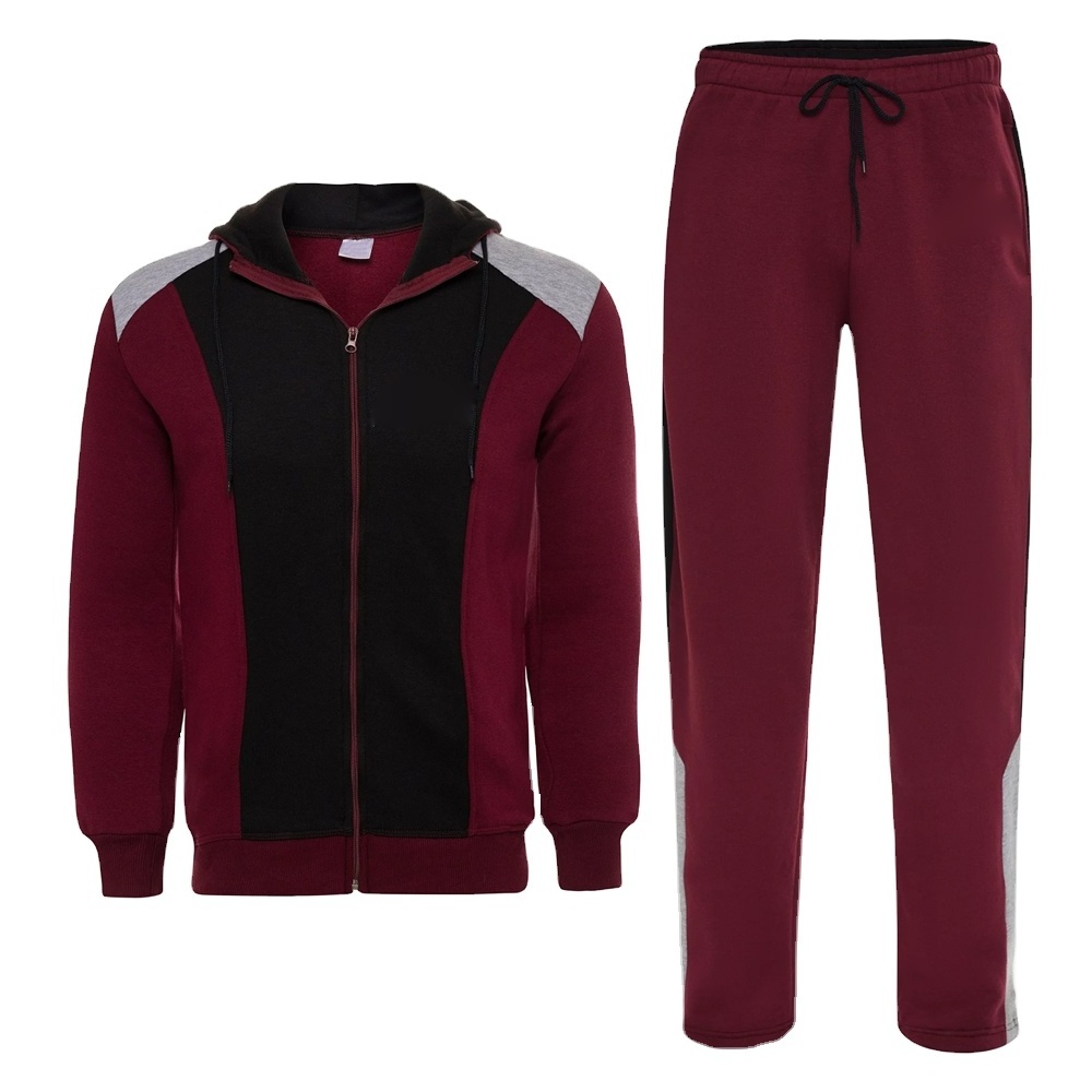 Men Track Suits 2 Pieces Set Full Zip Sweatsuit Men Hooded Tracksuit Athletic Sports Set Black-Maroon M