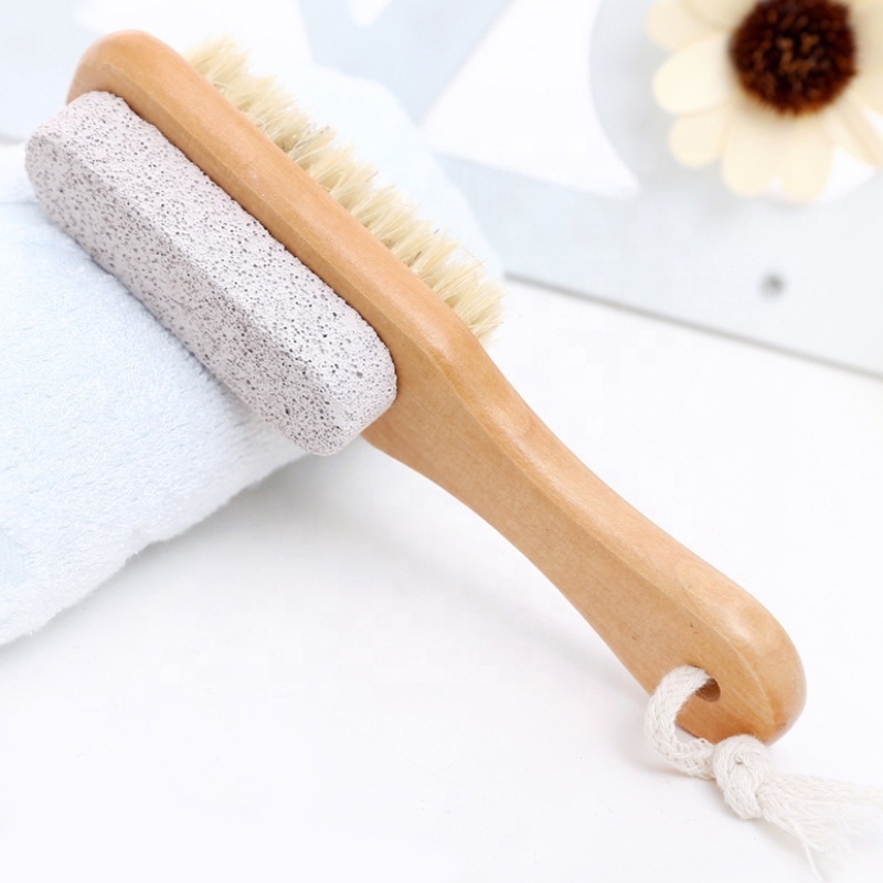 Dual Side Wooden Handle Foot Brush Exfoliating Bath Pumice Stone Brush