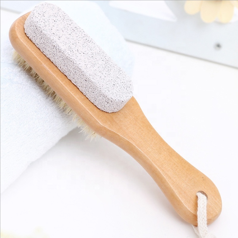 Dual Side Wooden Handle Foot Brush Exfoliating Bath Pumice Stone Brush