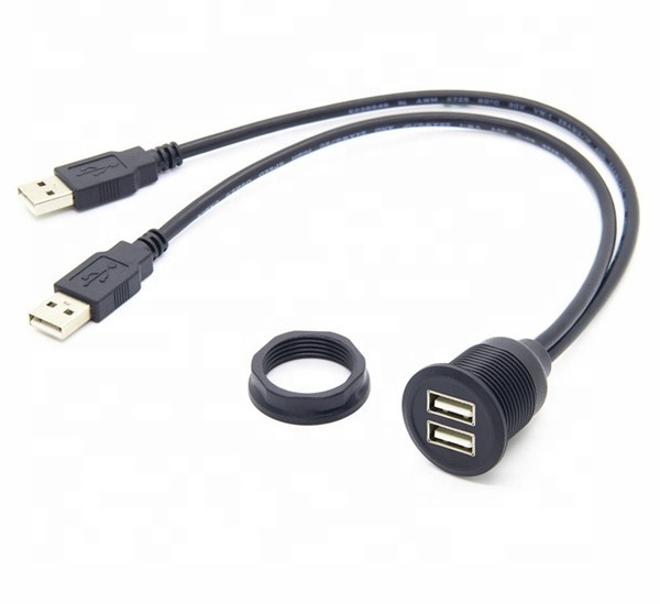 USB 2.0 2 Ports Dual flush Mount Cable -USB Extension Flush, Dash, Panel Mount Cable