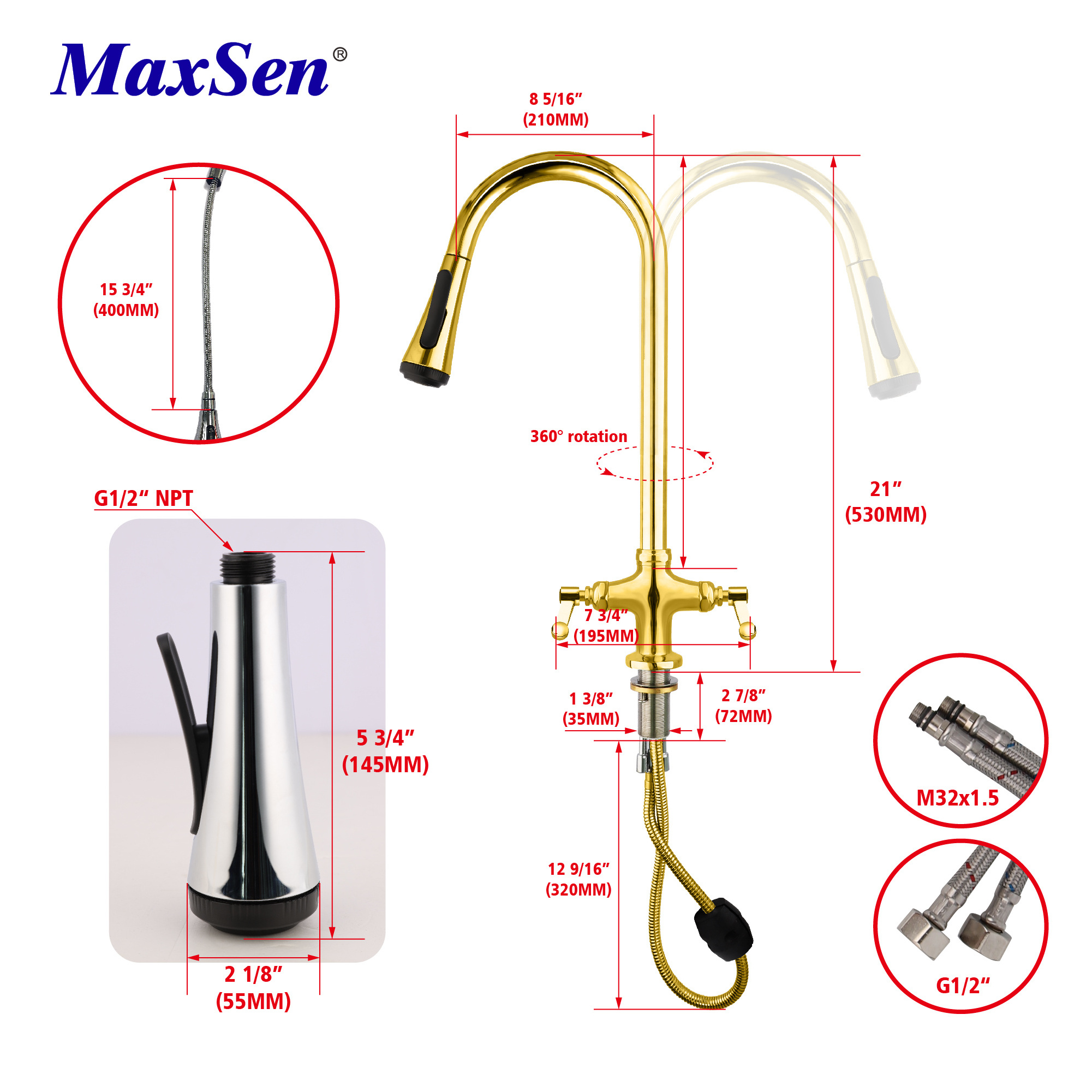 Maxsen Brass Gold Pull out Kitchen Sink Faucet Hot and Cold Gold Pull out Kitchen Sink Faucet with Sprayer