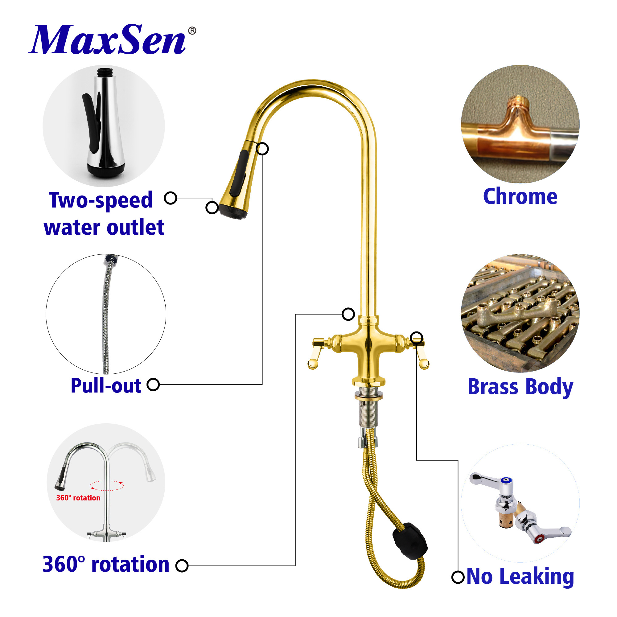 Maxsen Brass Gold Pull out Kitchen Sink Faucet Hot and Cold Gold Pull out Kitchen Sink Faucet with Sprayer