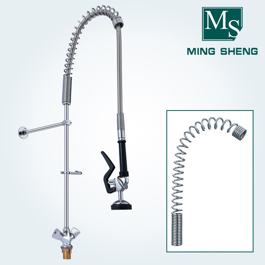 Easy Install Economical Deck Mount Commercial Flexible Hose Pre Rinse Long Neck Kitchen Mixing Faucet with Swivel Spout