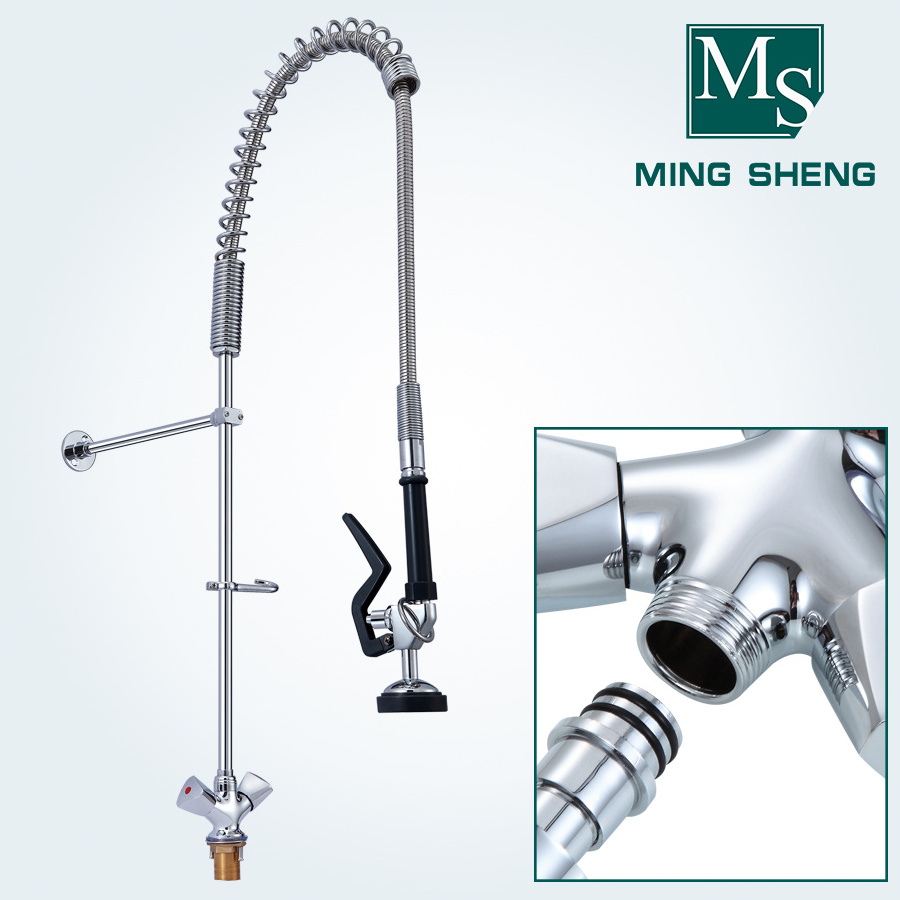 Easy Install Economical Deck Mount Commercial Flexible Hose Pre Rinse Long Neck Kitchen Mixing Faucet with Swivel Spout