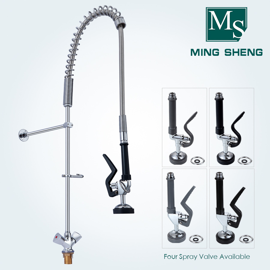 Easy Install Economical Deck Mount Commercial Flexible Hose Pre Rinse Long Neck Kitchen Mixing Faucet with Swivel Spout