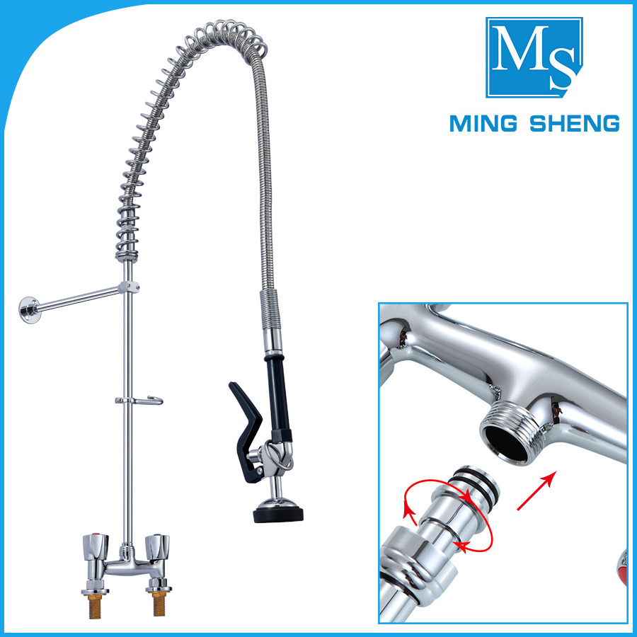 Restaurant Food Service Chrome Plating Dual Handle Brass Pre Rinse Faucet for Kitchen