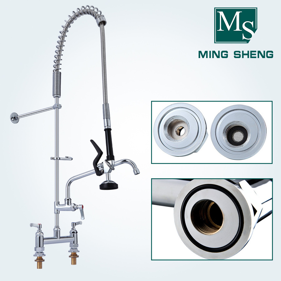 Deck Mount Double Hole Dual Lever Handles Pre Rinse Commercial Restaurant Kitchen Faucet with Add on Nozzle MS 5804BDP