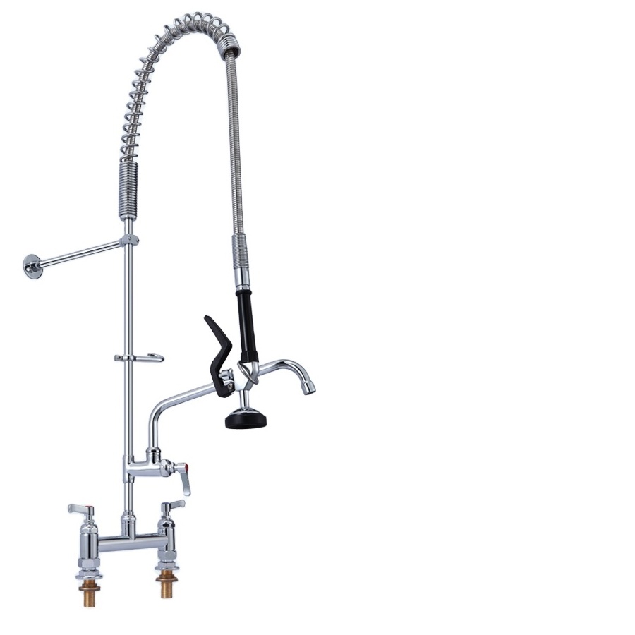 Deck Mount Double Hole Dual Lever Handles Pre Rinse Commercial Restaurant Kitchen Faucet with Add on Nozzle MS 5804BDP