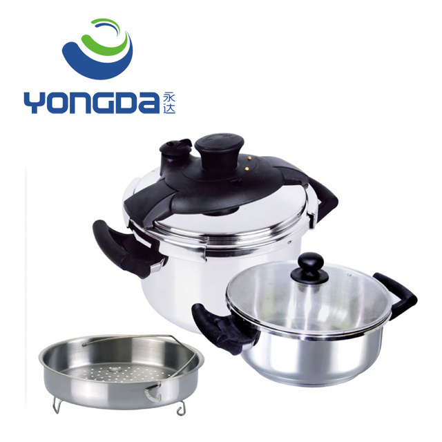 The clamp rotates to open and close the stainless steel pressure cooker