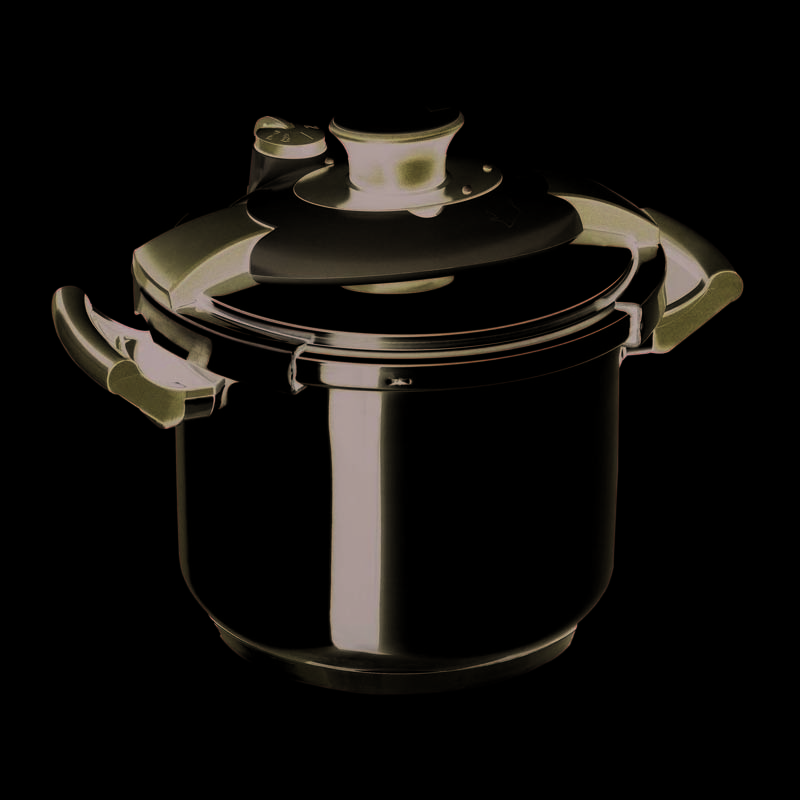 The clamp rotates to open and close the stainless steel pressure cooker