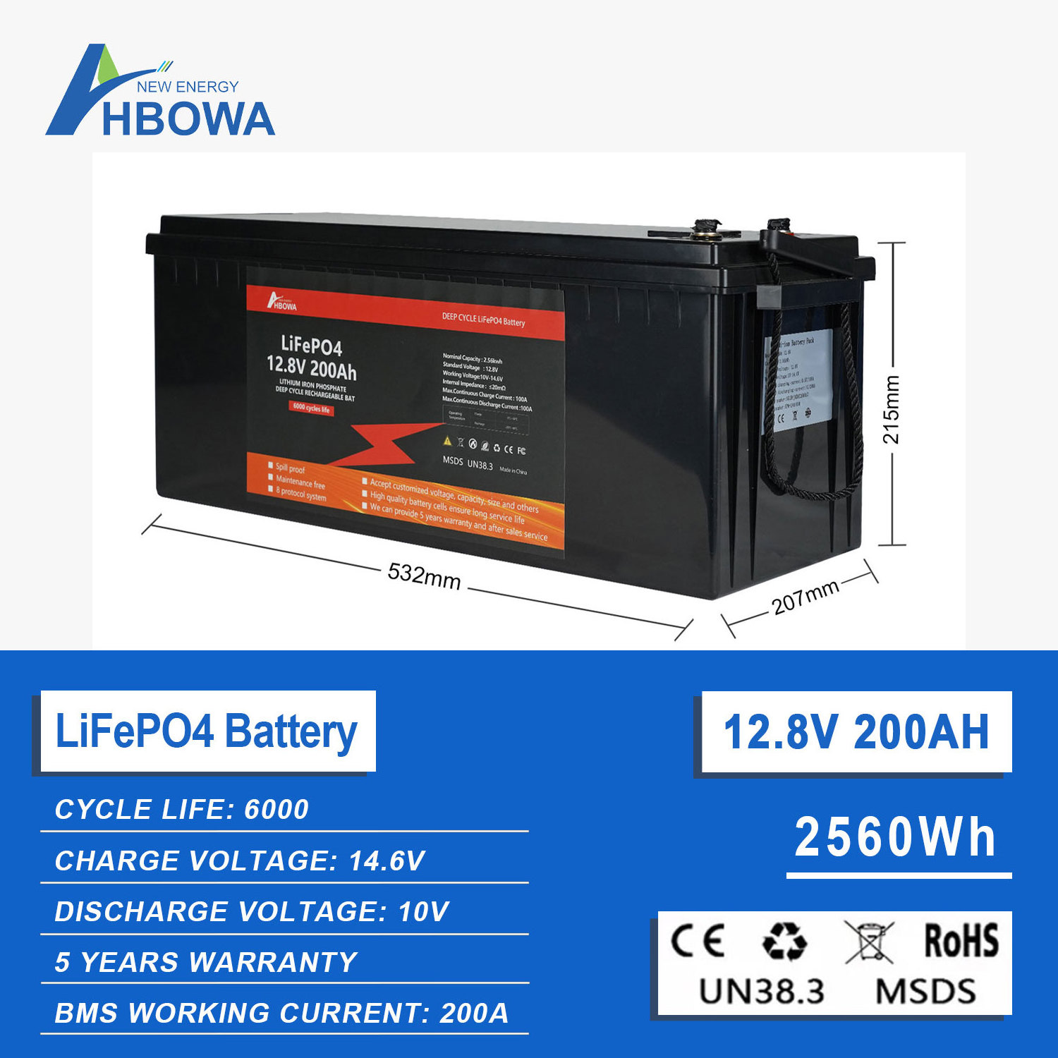 HBOWA 12V 100AH 200Ah 300Ah 400Ah Lithium Ion Energy Storage Batteries With LCD Display LiFePO4  Battery Pack