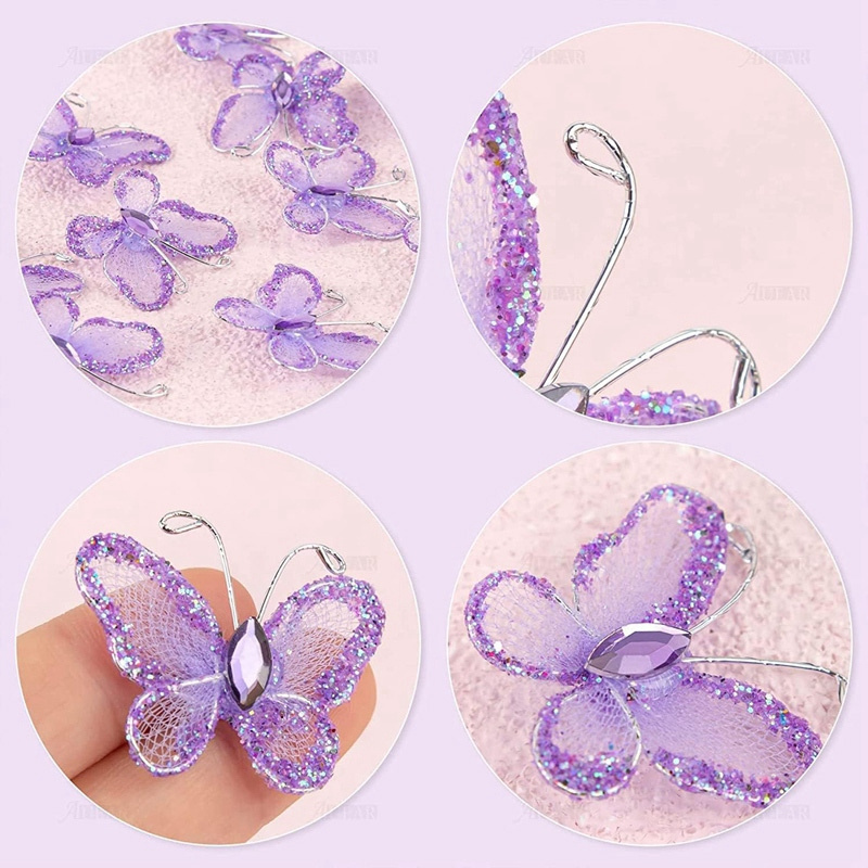 100 pack 1 inch  Purple Sheer Mesh Wire Glitter Butterfly Organza Butterflies with Gem Wedding Decorative Butterflies Decors