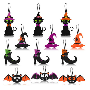 Custom Halloween Felt Hanging Ornaments Witch Hat Hanging Decor Colorful Bat Black Cat Felt Ornaments for door hanging decor