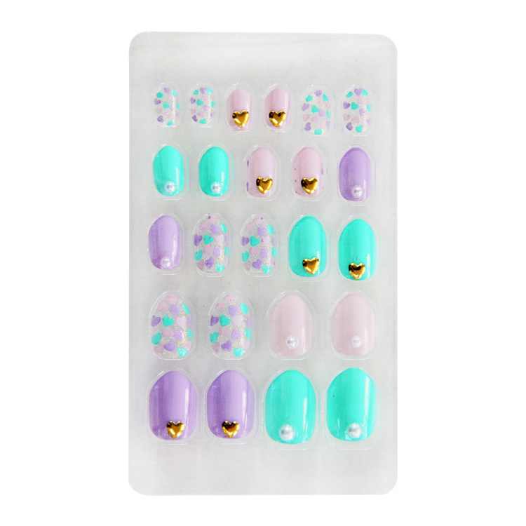 24pcs Short Full Cover lovely short nail girls cartoon art Rhinestone Kids Nails Cute False kids press on nails