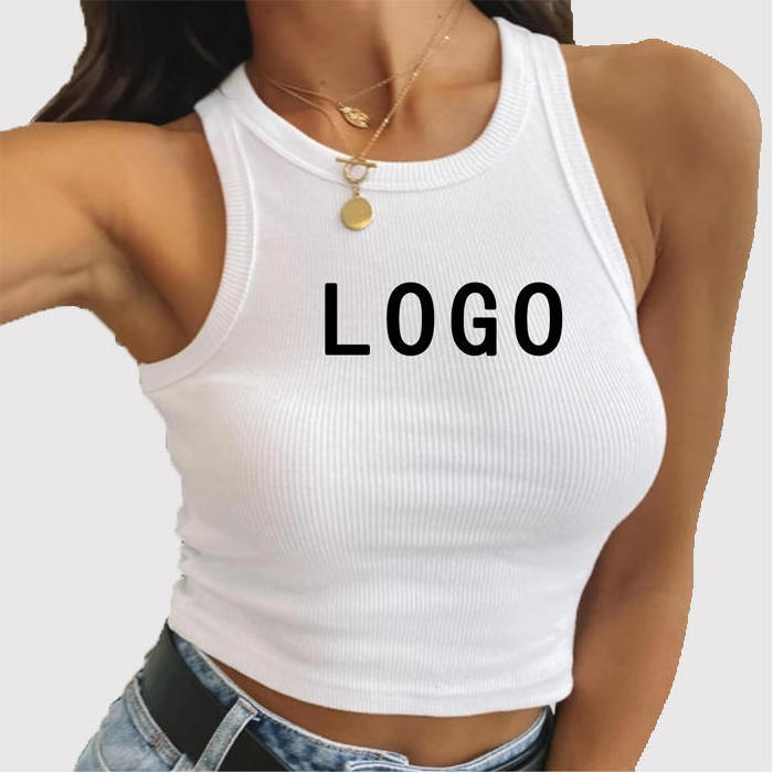 Custom Logo Summer Ladies Vest White Cotton Ribbed Women's Crop Tank Top Womens Crop Tank Tops Sleeveless Racerback Crop Top