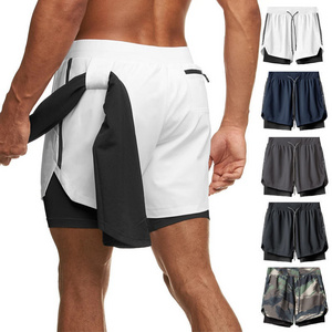 High quality gym wear casual pants 5 inch inseam double layers Mesh Shorts with Compression Custom 2 in 1 shorts Gym Towel bag