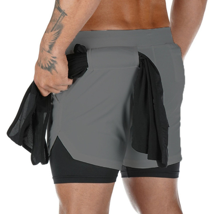 High quality gym wear casual pants 5 inch inseam double layers Mesh Shorts with Compression Custom 2 in 1 shorts Gym Towel bag